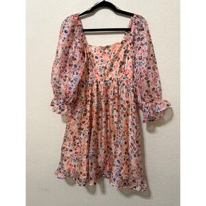 NWT‎ Entro Floral Mini Dress Puff Sleeve Smocked Pink Cottage core dress
